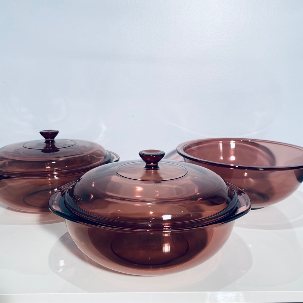 PYREX Amethyst Cranberry Purple Casserole And Bowl Set Of 3 - Picture 1 of 16